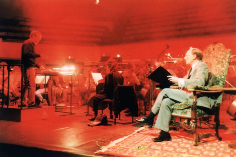 with Neil Kinnock, narrator, rehearsing Jeff Wayne's 'The War of The Worlds' at St David's Hall, Cardiff